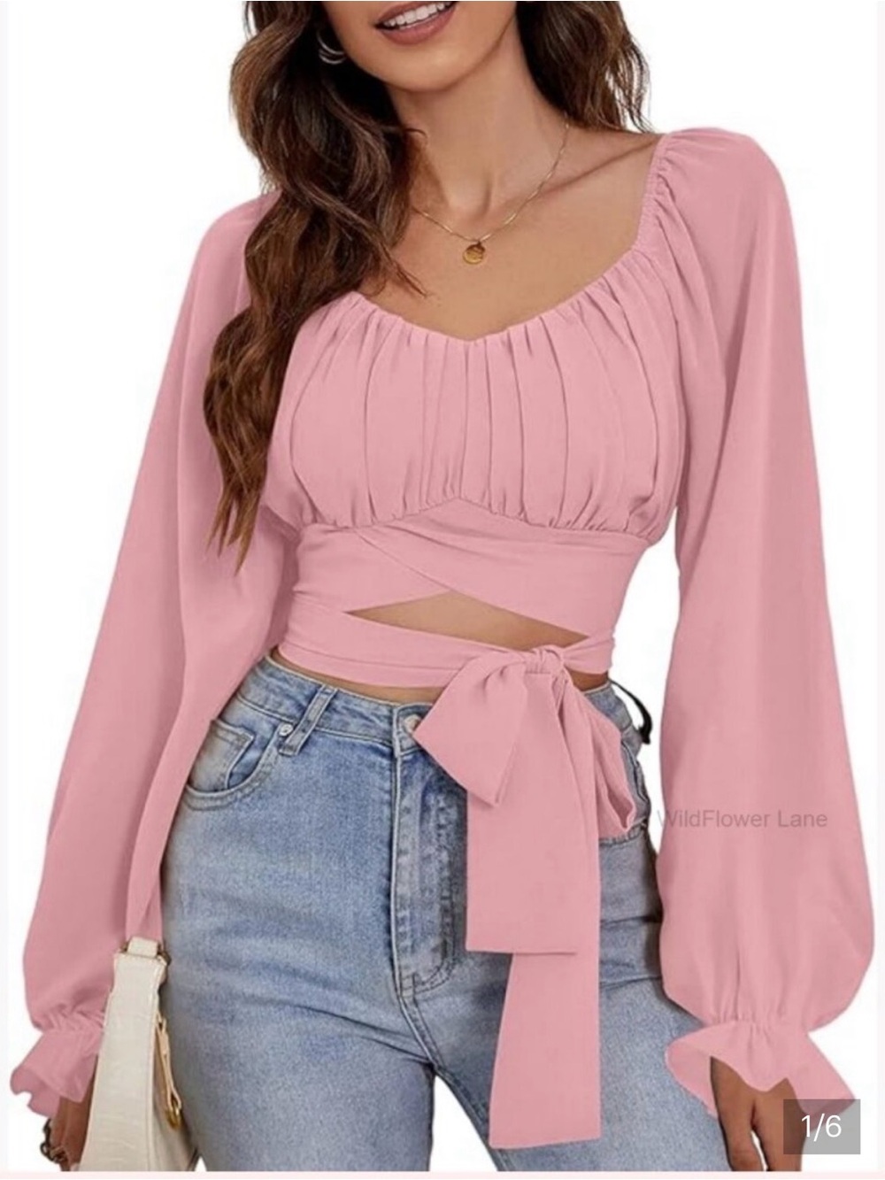SHEIN Pink Long-Sleeve Wrap Crop Top with Tie